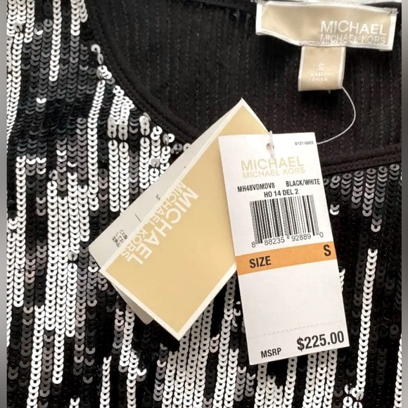 Michaell Kors Long Sleeve Black/White Mini Sequin Shimmery Static Shift Dressss - Picture 8 of 8
